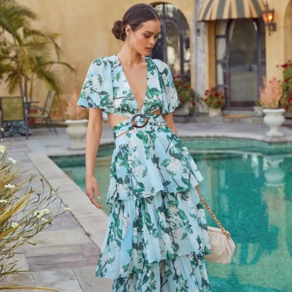Vici Maui Sunsets Ruffle Tiered Cutout Maxi Dress